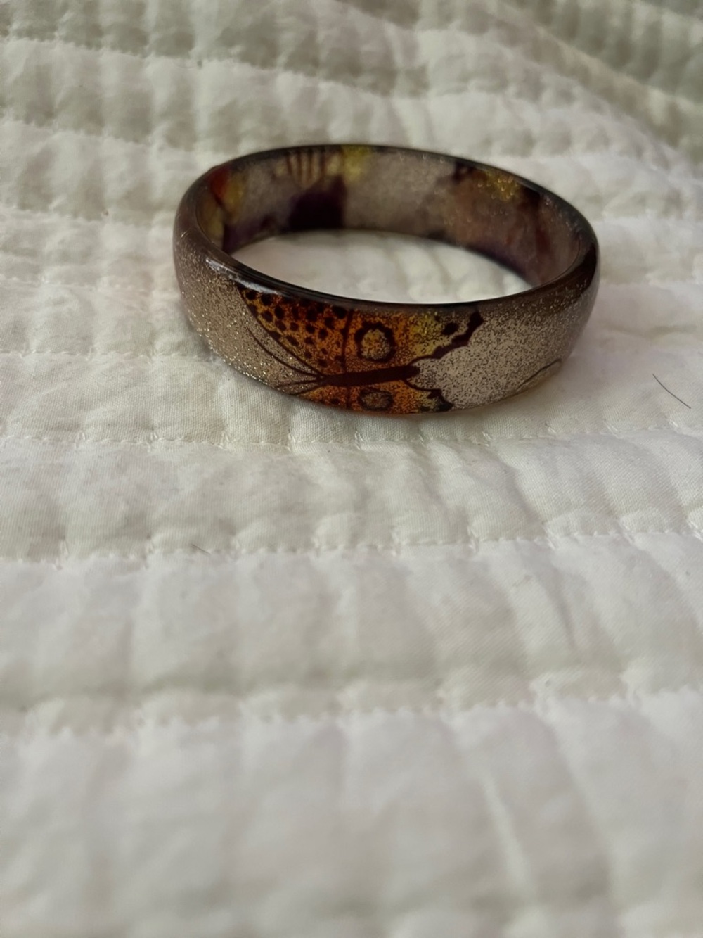 Resin Bangle Bracelet with Butterfly Motif - Brown and Gold